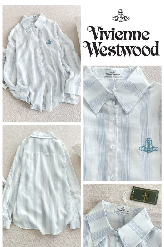 [限時預購] ️Vivienne Westwood 新款刺繡土星logo條紋輕薄亞麻料長袖襯衫