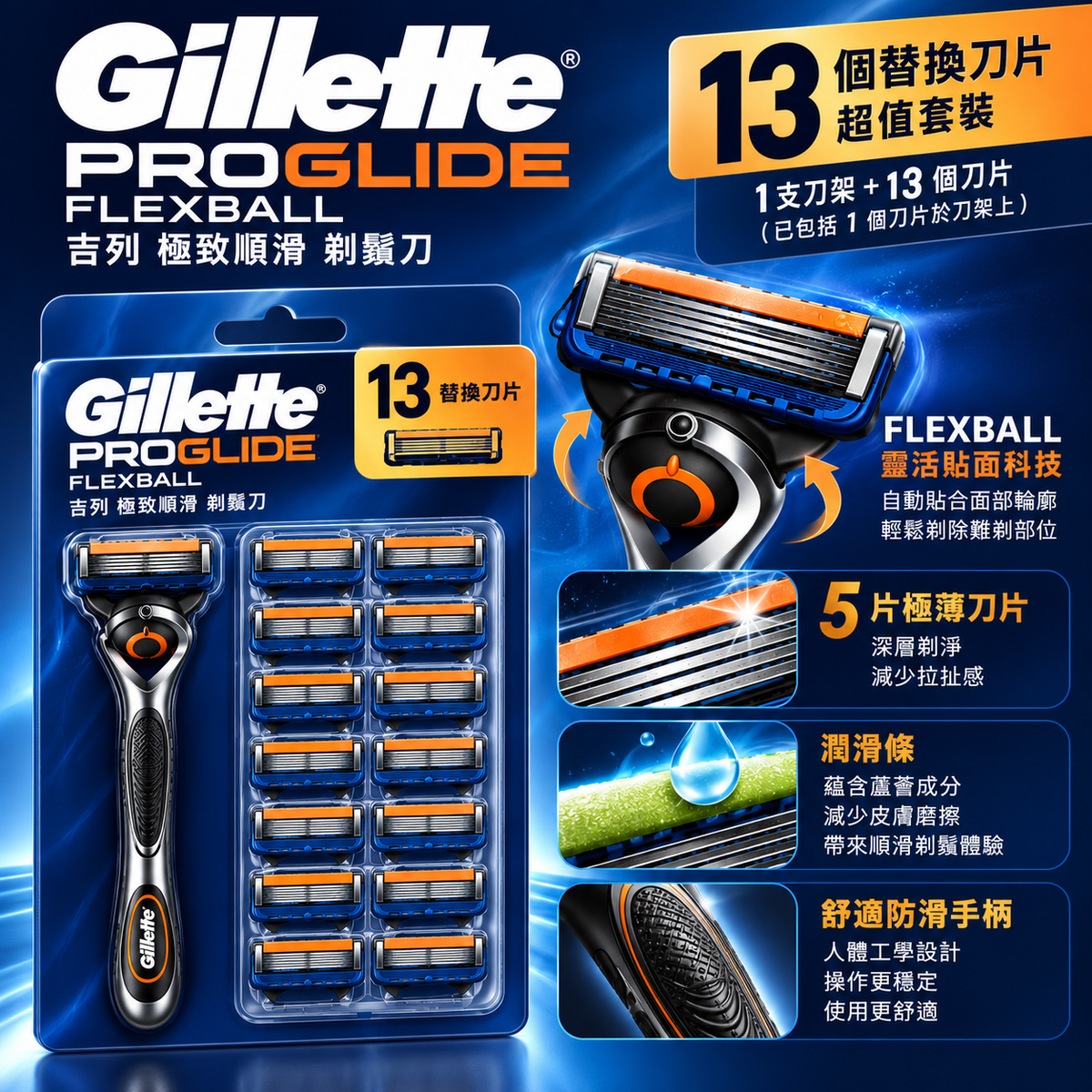 [現貨] Gillette 吉列 ProGlide FlexBall 手動五刀片剃鬚刀 刀架連13個刀片